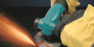 Quality Industrial Abrasive Power Tools from Dynabrade, Dynabrade, 1.3 HP Air tools, Right-Angle Disc Sander, Right-Angle Depressed Center Wheel Grinder, 4”, 4-1/2” and 5” diameters, 12,000 or 13,500 RPM, Type 27 Grinding Wheels, 1.3 Hp Disc Sander, 3/8”-24 and 5/8”-11 spindle models, Made in the U.S.A., Two-Position Side Handle