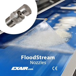 EXAIR, FloodStream Liquid Atomizing Spray Nozzle, flat fan pattern, washing/wetting, dust suppression, lubrication, part cooling, 303 stainless steel